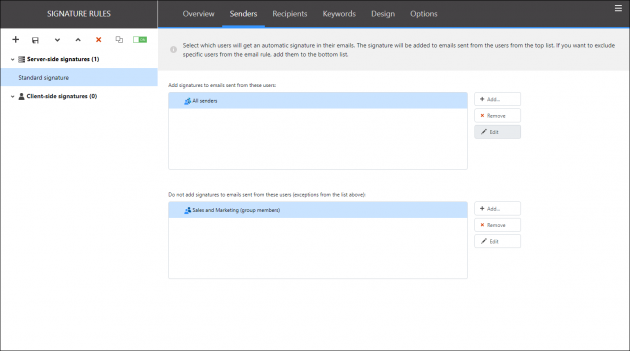 The Senders tab with one condition (All senders) and one exception (Sales and Marketing).