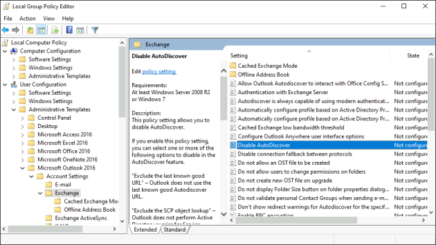 Accessing the Disable AutoDiscover setting in the Group Policy Editor.