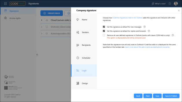 Additional options available for Outlook signature rules.