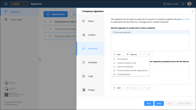 Choosing the recipients. Here, the rule is set to apply to emails that include at least one external recipient.