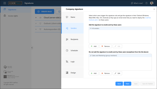 Selecting users to which the Outlook signature rule will apply.