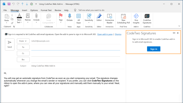 CodeTwo sign-in prompt in Outlook in the new message window.