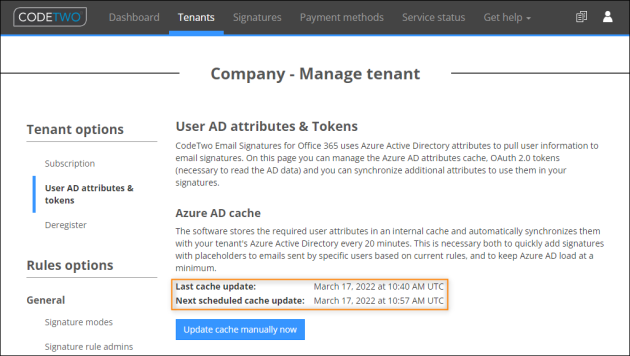 Status of Azure AD cache synchronization.