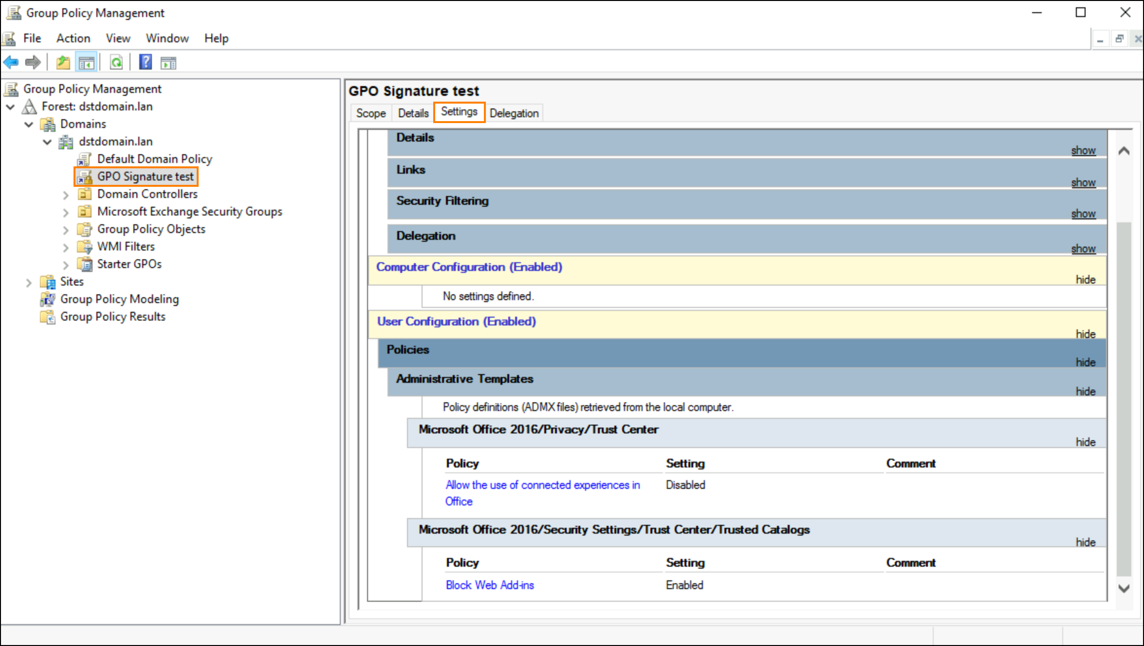 Verifying GPO settings