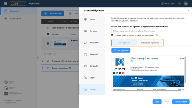 Use the tabs to create two signature templates.