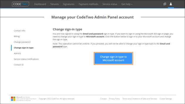Changing the sign-in type to Microsoft account.