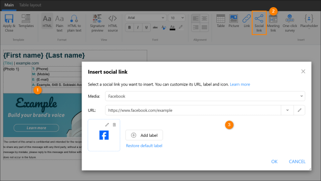 Adding a social media button to the signature template.