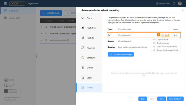 The To, Cc and Bcc fields are where you specify the recipients of your auto-reply message.