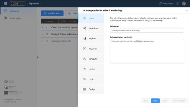 Entering a name and description for the autoresponder rule.