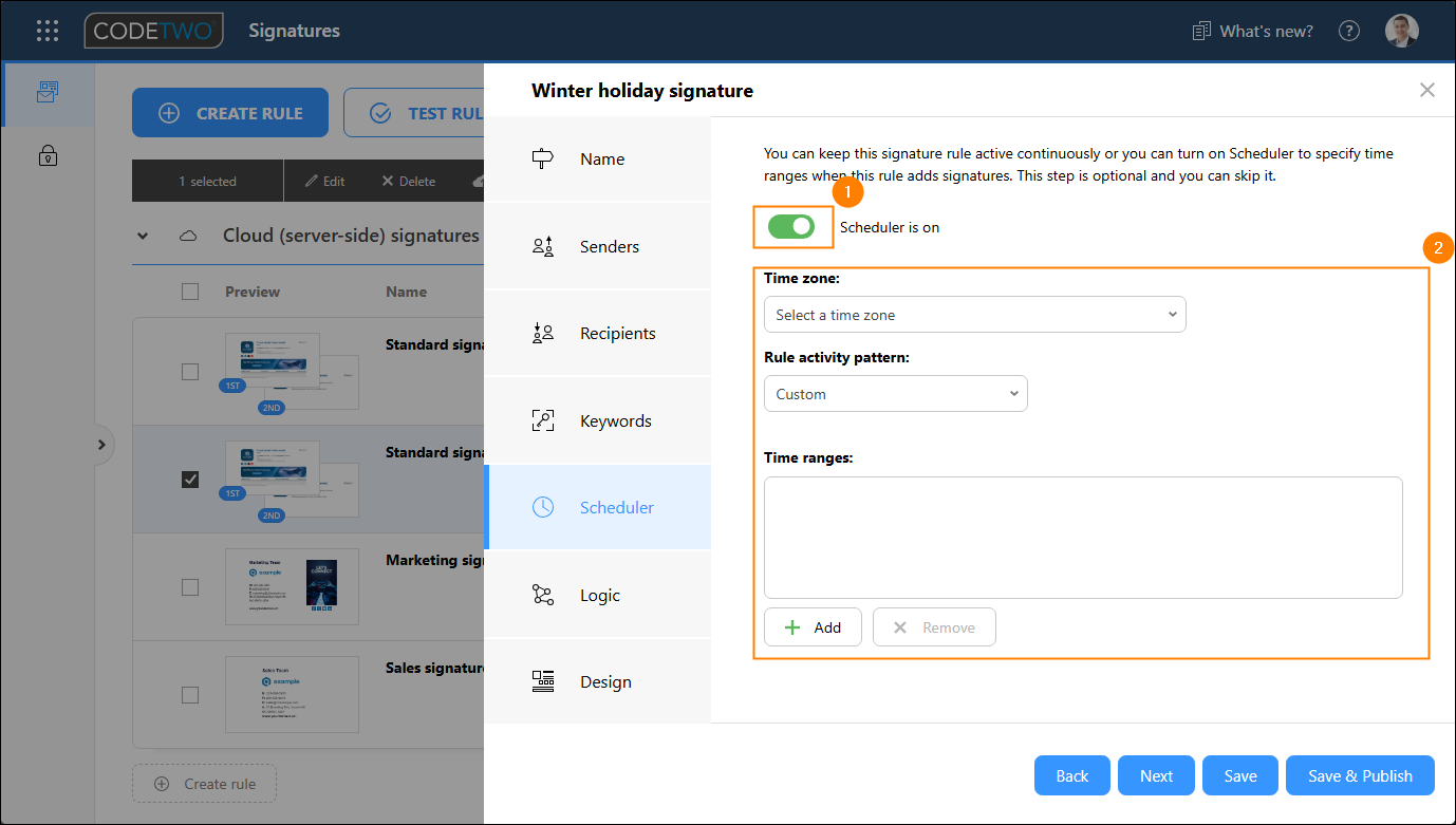 Activating the Scheduler (1) and enabling the feature's configuration options (2).