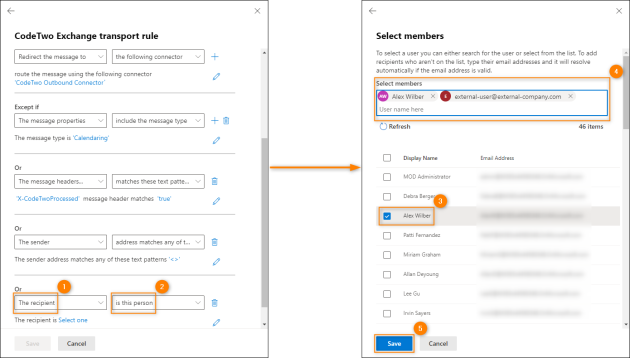 Adding an exception based on individual message recipients to the CodeTwo transport rule.