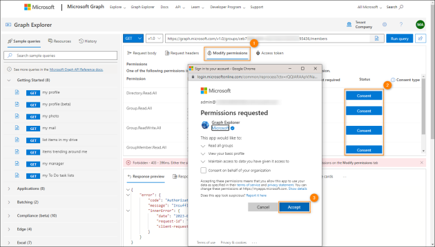 Granting the permissions necessary to run the query.