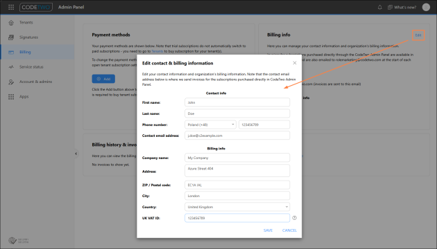Editing an organization's billing info in CodeTwo Admin Panel.