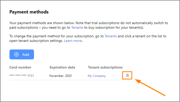 Removing a credit card from CodeTwo Admin Panel.