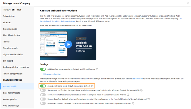 Disabling native Outlook signatures for users with both cloud and CodeTwo Outlook signatures (combo mode).