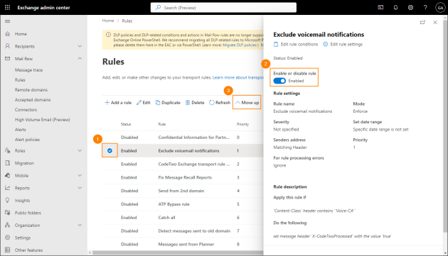Enabling the rule and setting its priority.