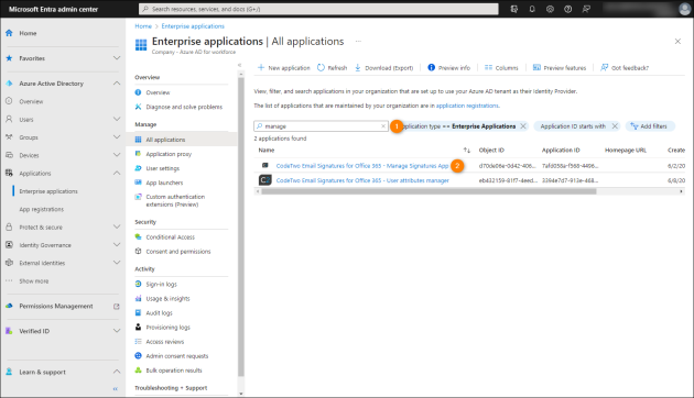 Opening signature management app settings in the Microsoft Entra admin center.