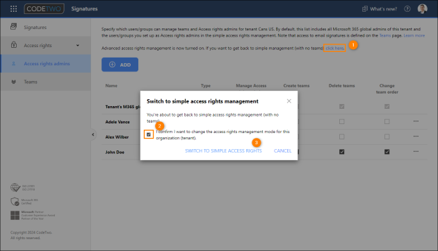 Switching back to the simple access rights management mode.