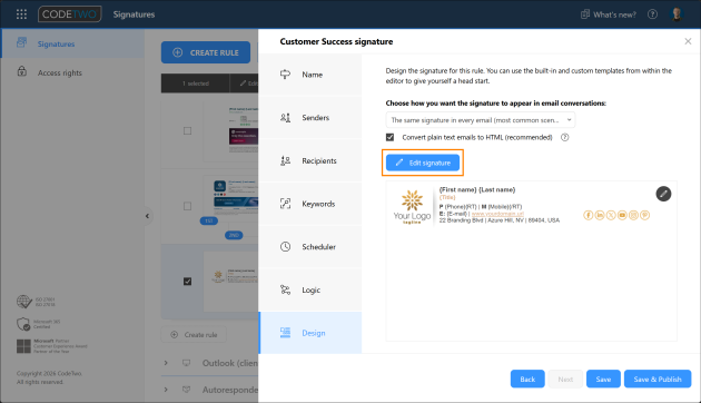 Opening an existing email signature template for editing.