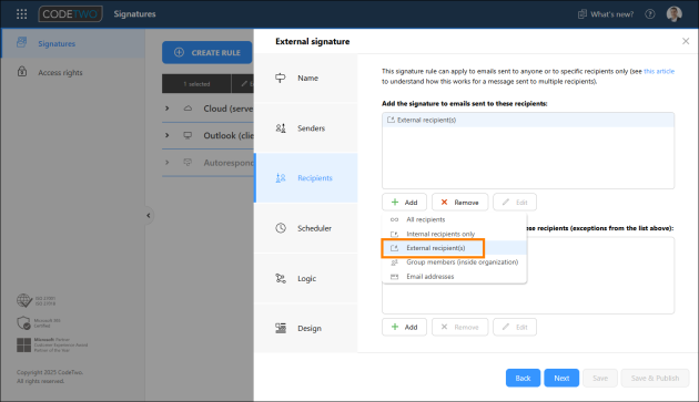 By using this option, the selected Outlook signature rule will be applied if at least one external recipient is selected in the email's To or Cc field.