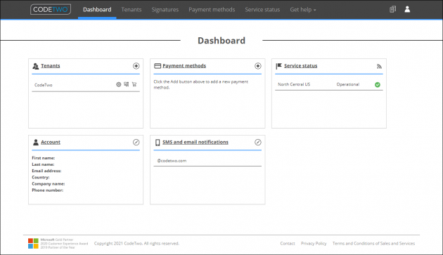 The Dashboard tab in the CodeTwo Admin Panel.
