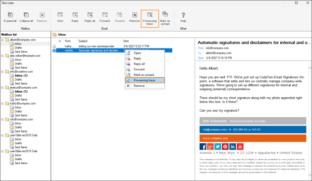 Opening the Processing trace feature for a message.