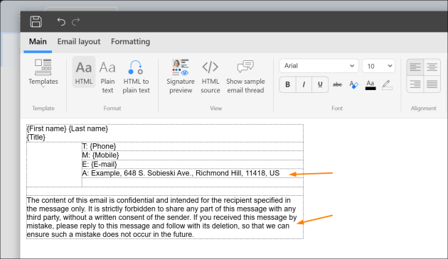 Filling in the signature template with static text.