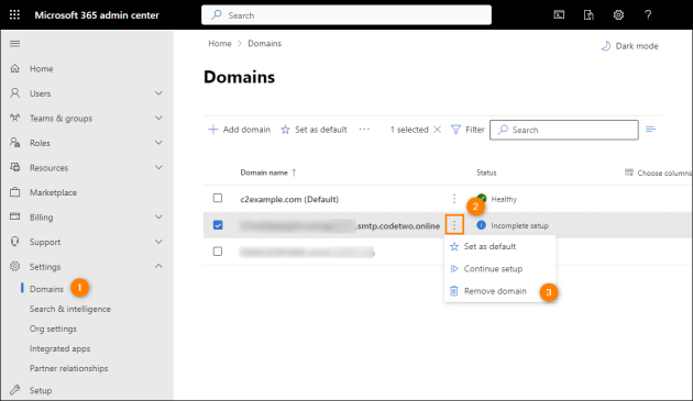 Removing the CodeTwo domain in the Microsoft 365 admin center.