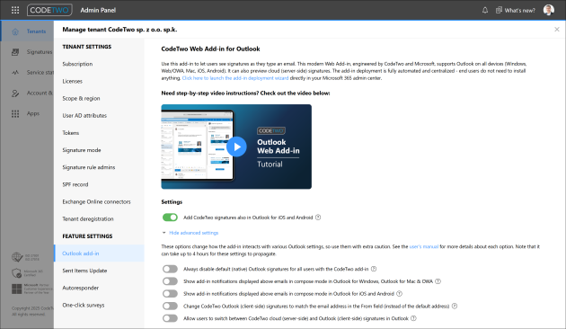 Add-in settings in CodeTwo Admin Panel.