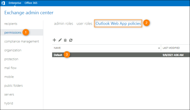 Opening an OWA policy for editing in the classic Exchange admin center.