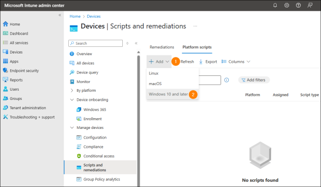 Adding a new script to be executed with Microsoft Intune.