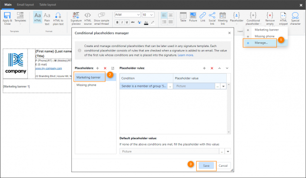 Editing a conditional placeholder in the Conditional placeholders manager.