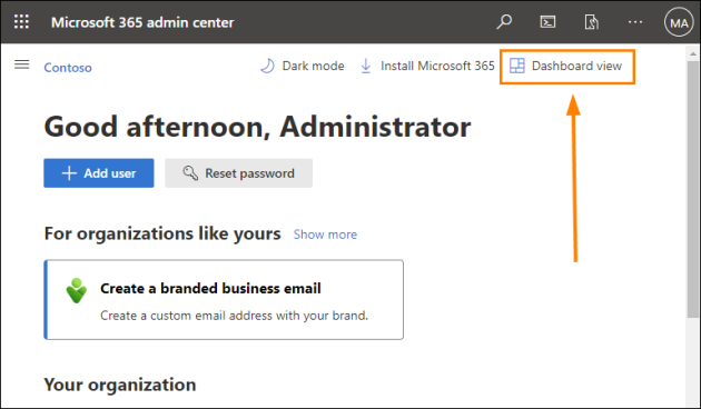 Changing view in Microsoft 365 admin center.