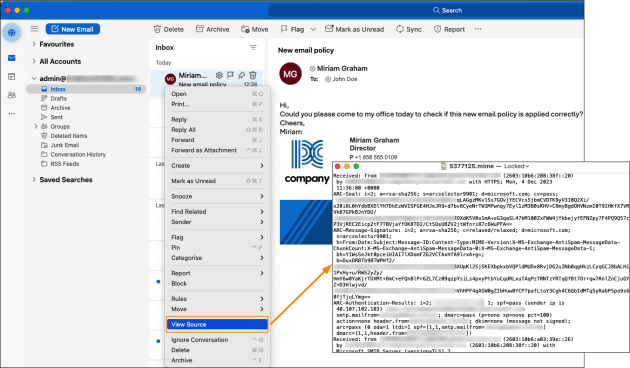 Accessing a message header in Outlook for Mac.
