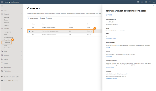 The configuration of connectors in the Exchange admin center.