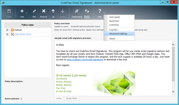 Email Signatures - Advanced settings.