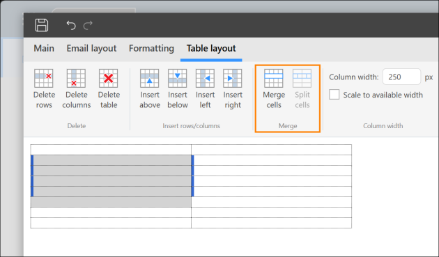Splitting and merging cells in the editor.