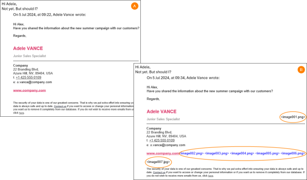 A reply in Mail – with the HTML trick applied (A) and without applying the HTML trick (B).