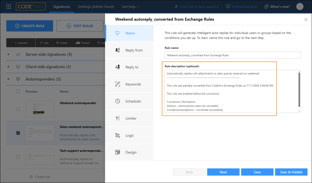 Rule conversion details provided in CodeTwo Email Signatures 365.