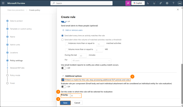 Configuring additional options and saving the rule.
