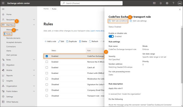 Selecting the CodeTwo Exchange transport rule for editing.