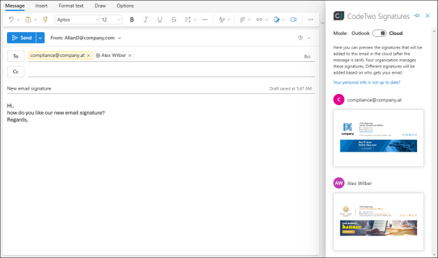 Previewing a signature while typing an email in OWA.
