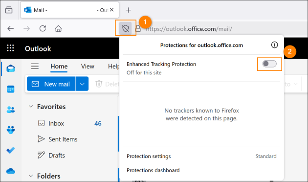 Allowing third-party cookies for Outlook in Firefox.