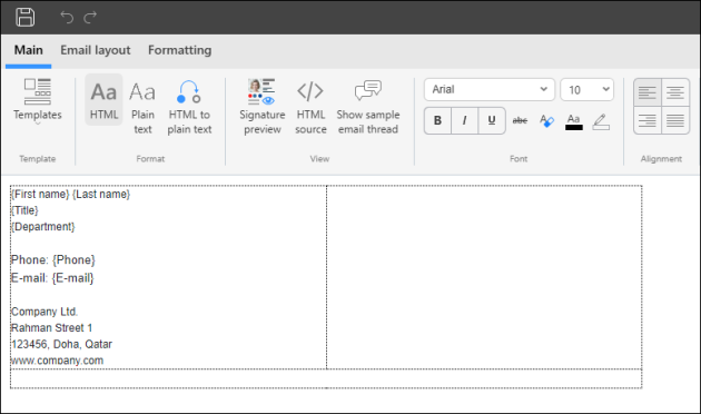 Attributes/placeholders (in curly brackets) accompanied by fixed text.