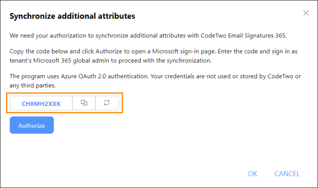 The authorization code in the additional attribute synchronization window.