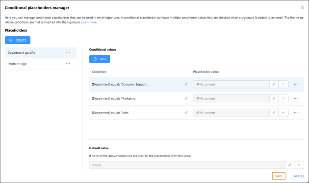 Saving a complete conditional placeholder with conditions and values defined.