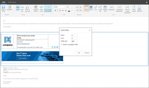 How to insert a table into an email signature.