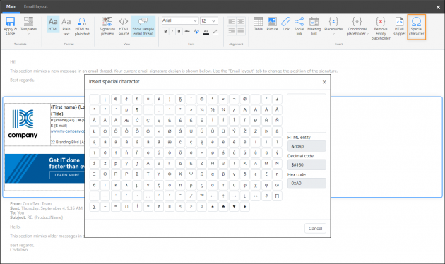 How to insert a special character into a signature template.