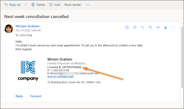The signature with the extra information fetched from CodeTwo custom attribute – physician professional license number.