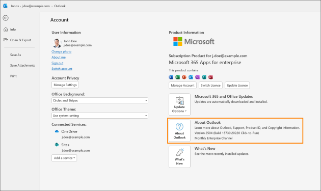 Outlook version number as shown in Outlook for Windows (classic UI).